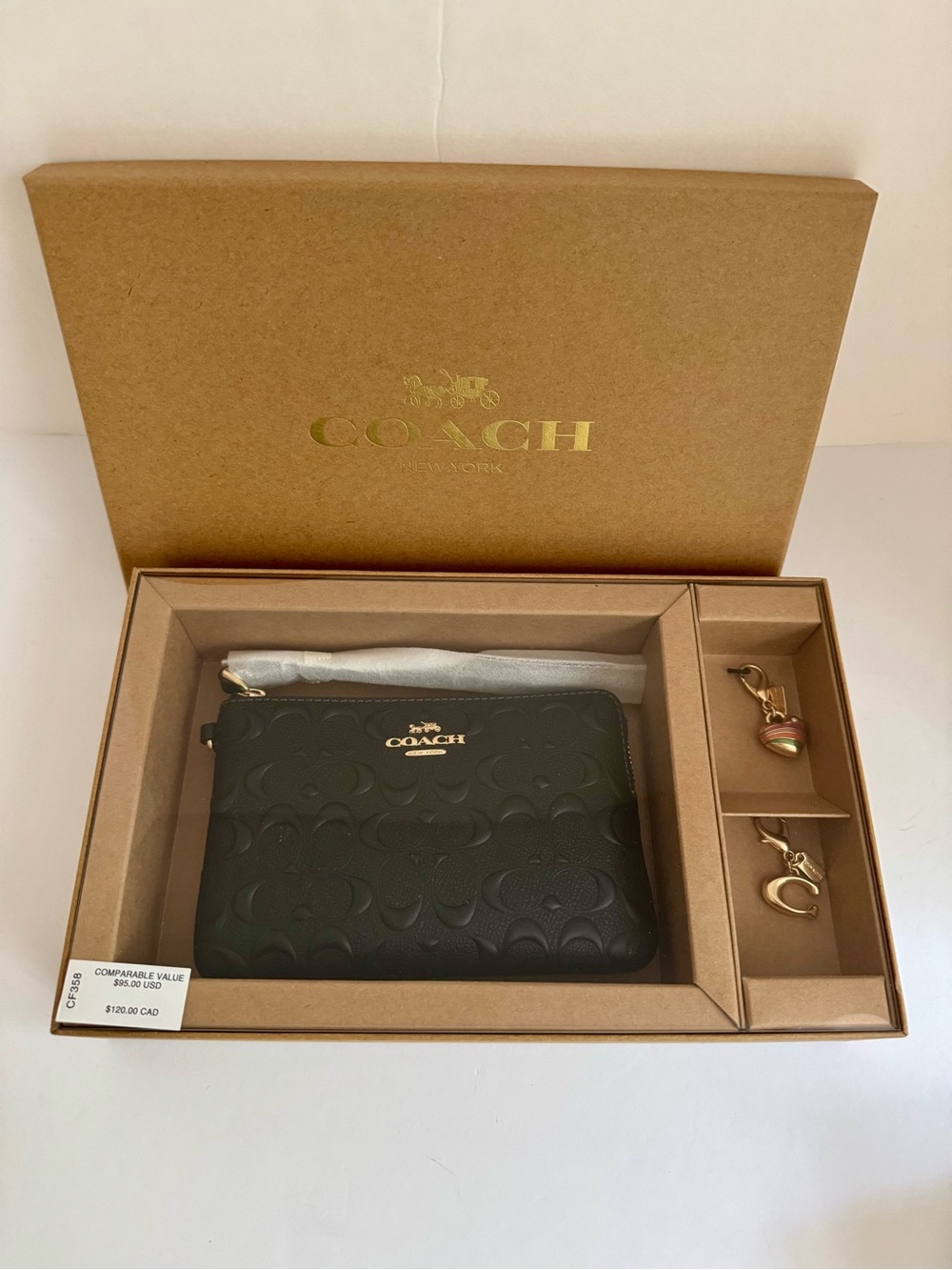 Coach CF358 Boxed Signature Leather Corner Zip Wristlet Charms Black NWT